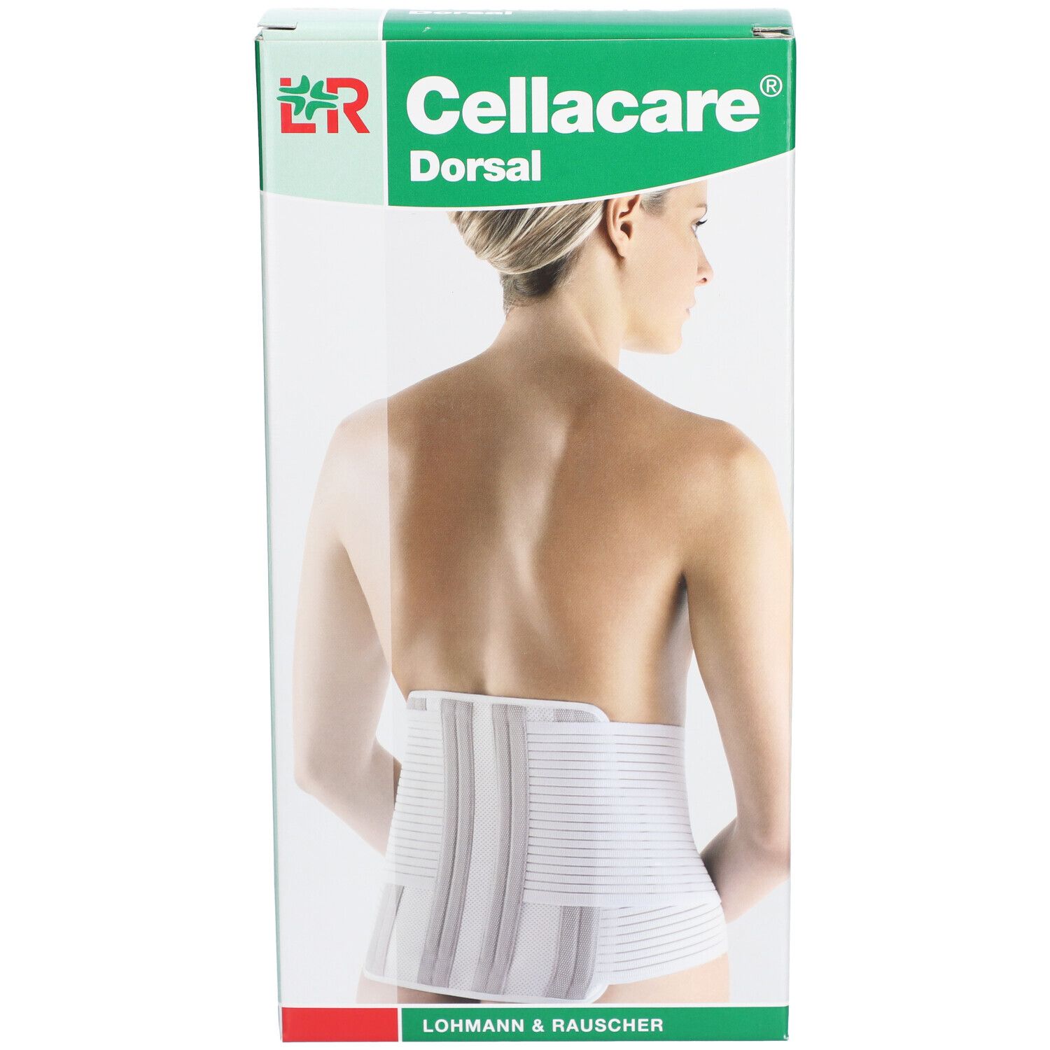 Cellacare Dorsal Verpackung. Grün-weiße Schachtel mit Abbildung einer Frau mit Rückenbandage. Logo L&R Cellacare.