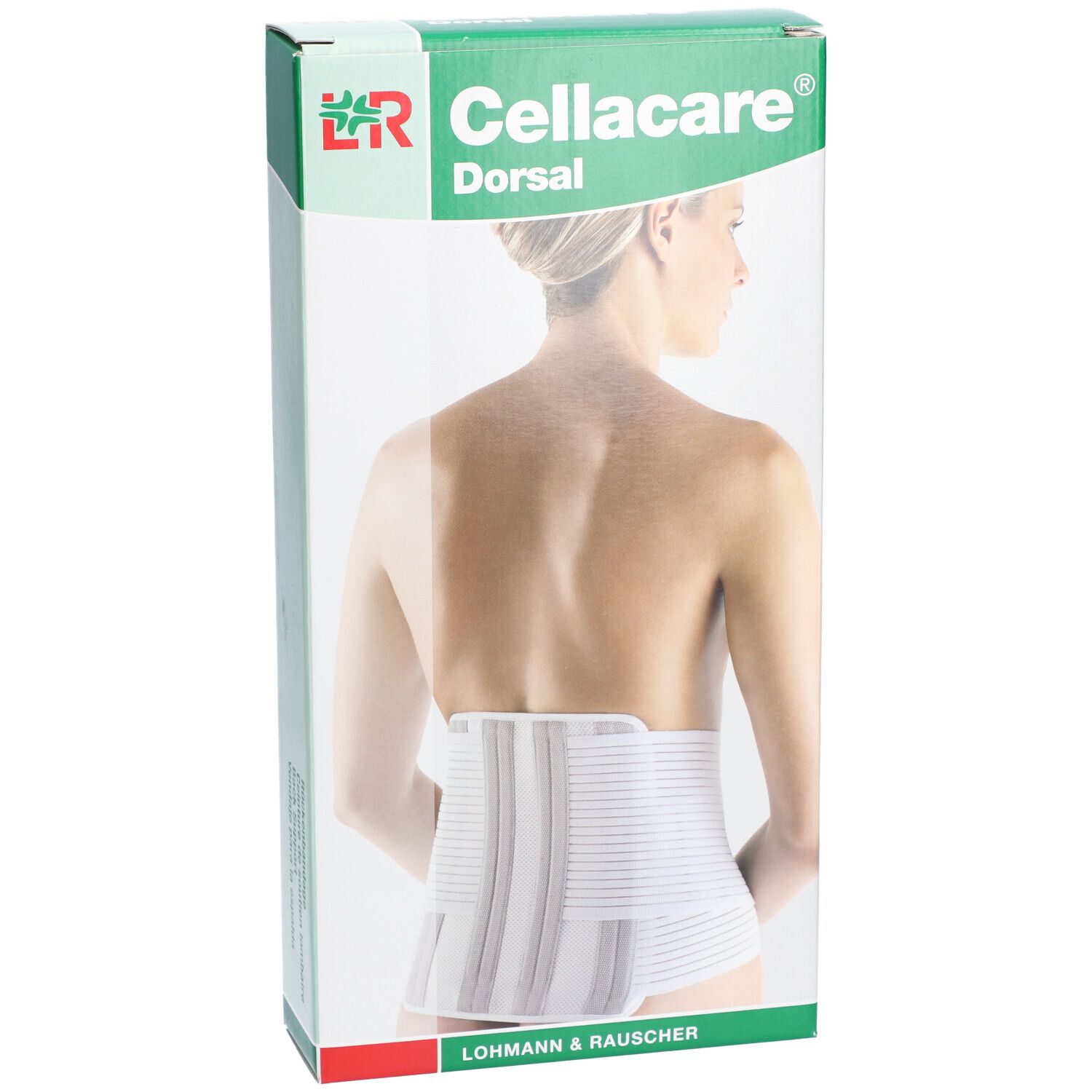 Cellacare Dorsal Verpackung. Grün-weiße Schachtel mit Abbildung einer Frau mit Rückenbandage. Logo L&R Cellacare.