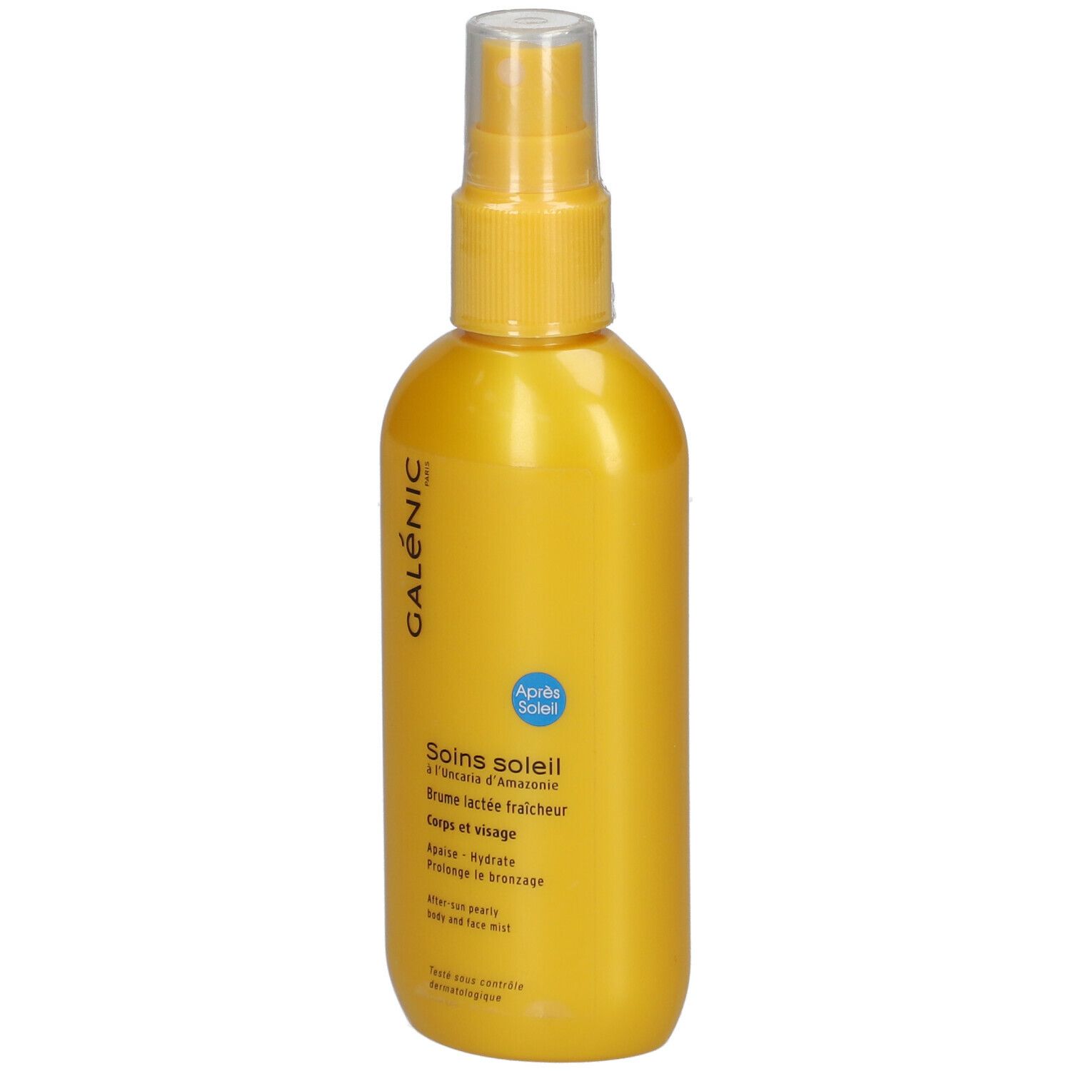 Flacon jaune avec vaporisateur. Inscription: Galénic, Soins soleil, Corps et visage. Avec bouchon.