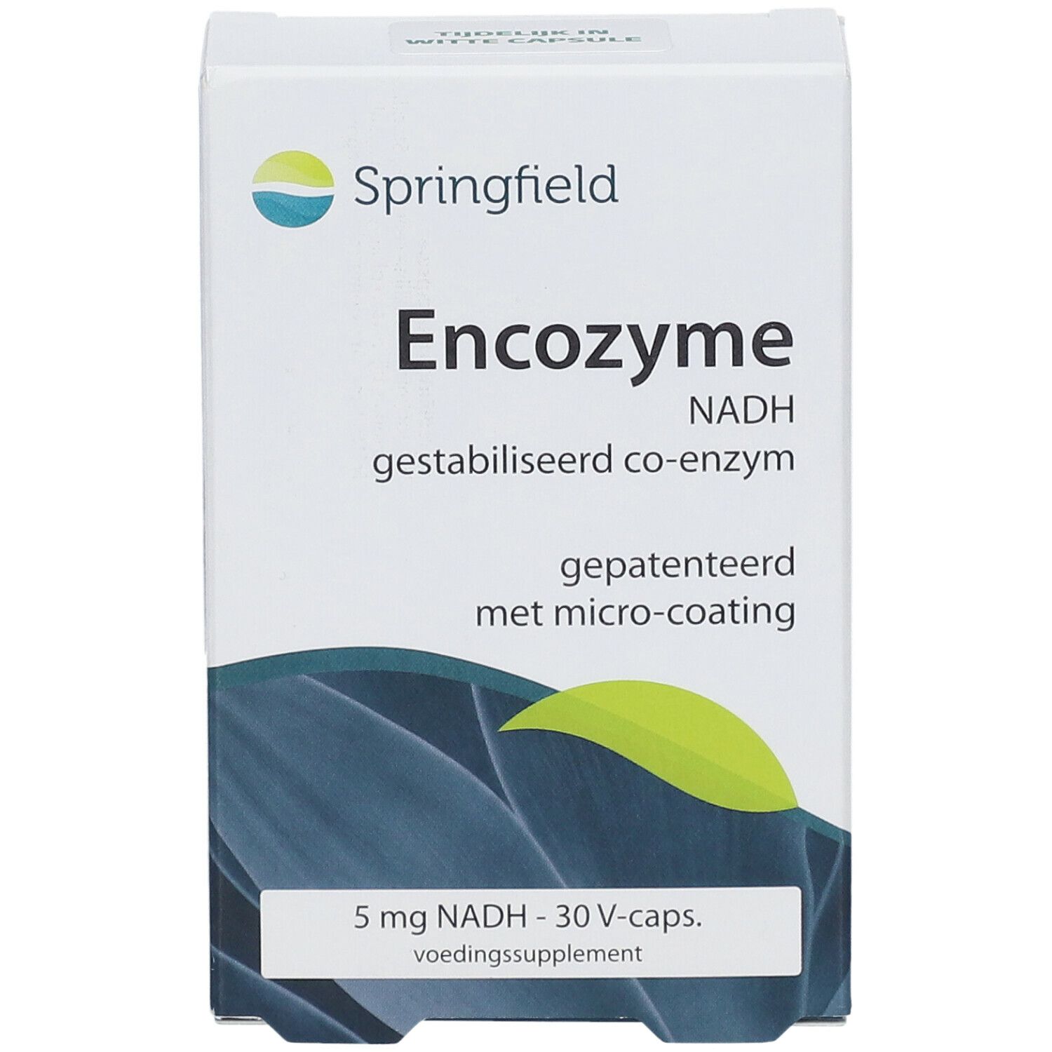 Boîte blanche avec impression du produit. Contient 'Encoyzme NADH'. 30 V-caps. 'Voedingssupplement'.
