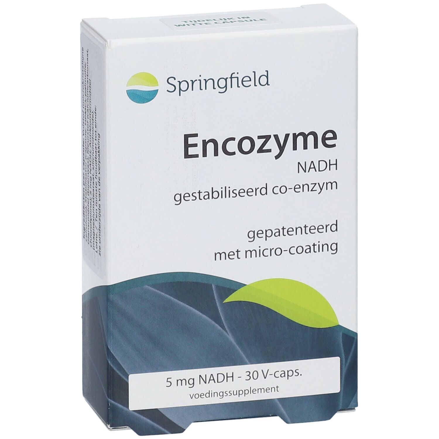 Boîte blanche avec impression du produit. Contient 'Encoyzme NADH'. 30 V-caps. 'Voedingssupplement'.
