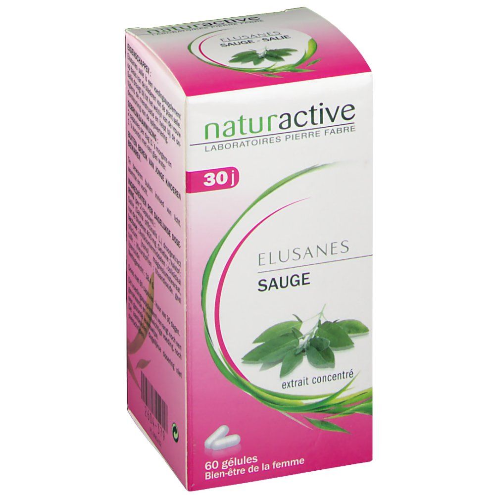 Boîte Elusanes Sauge. Carton blanc et rose, logo, nom du produit, 60 gélules. Inscription: 30 j, Bien-être de la femme.