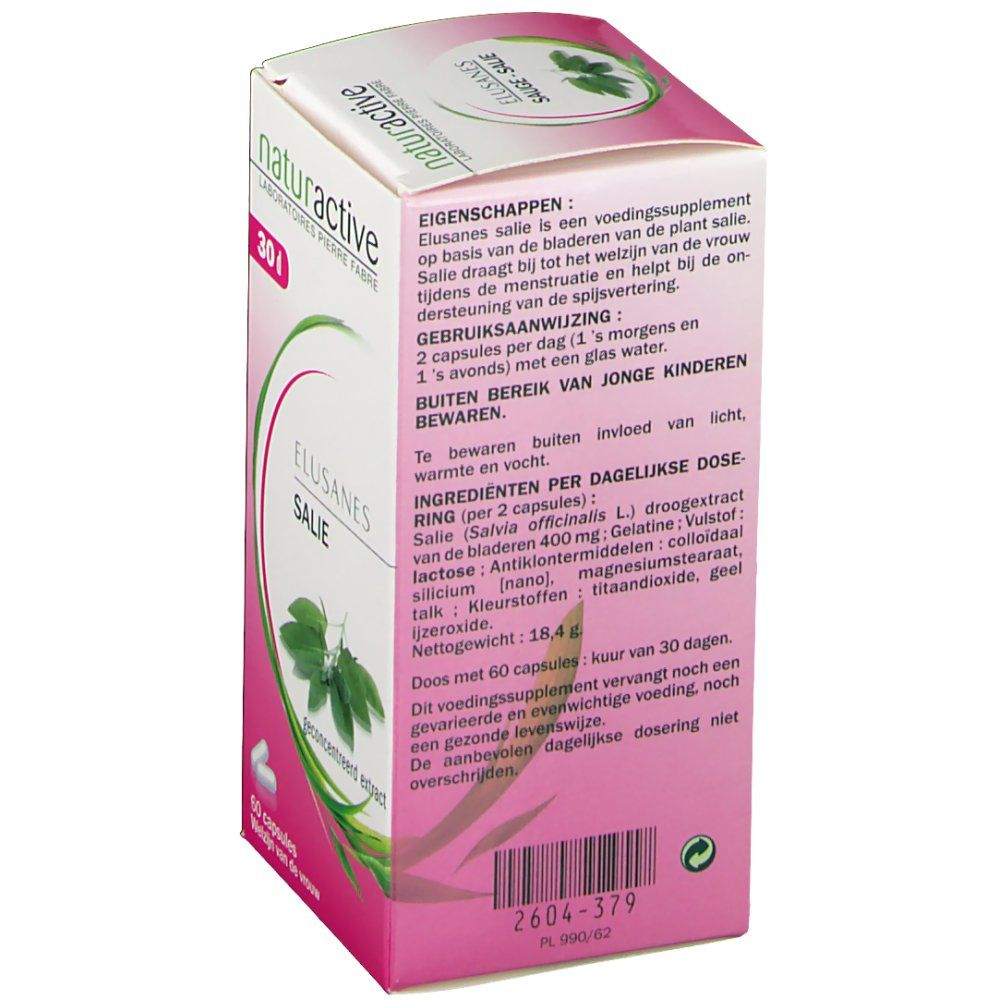 Dos de la boîte Elusanes Salie. Texte avec ingrédients, posologie et avertissements. Logo Pierre Fabre. 60 capsules.