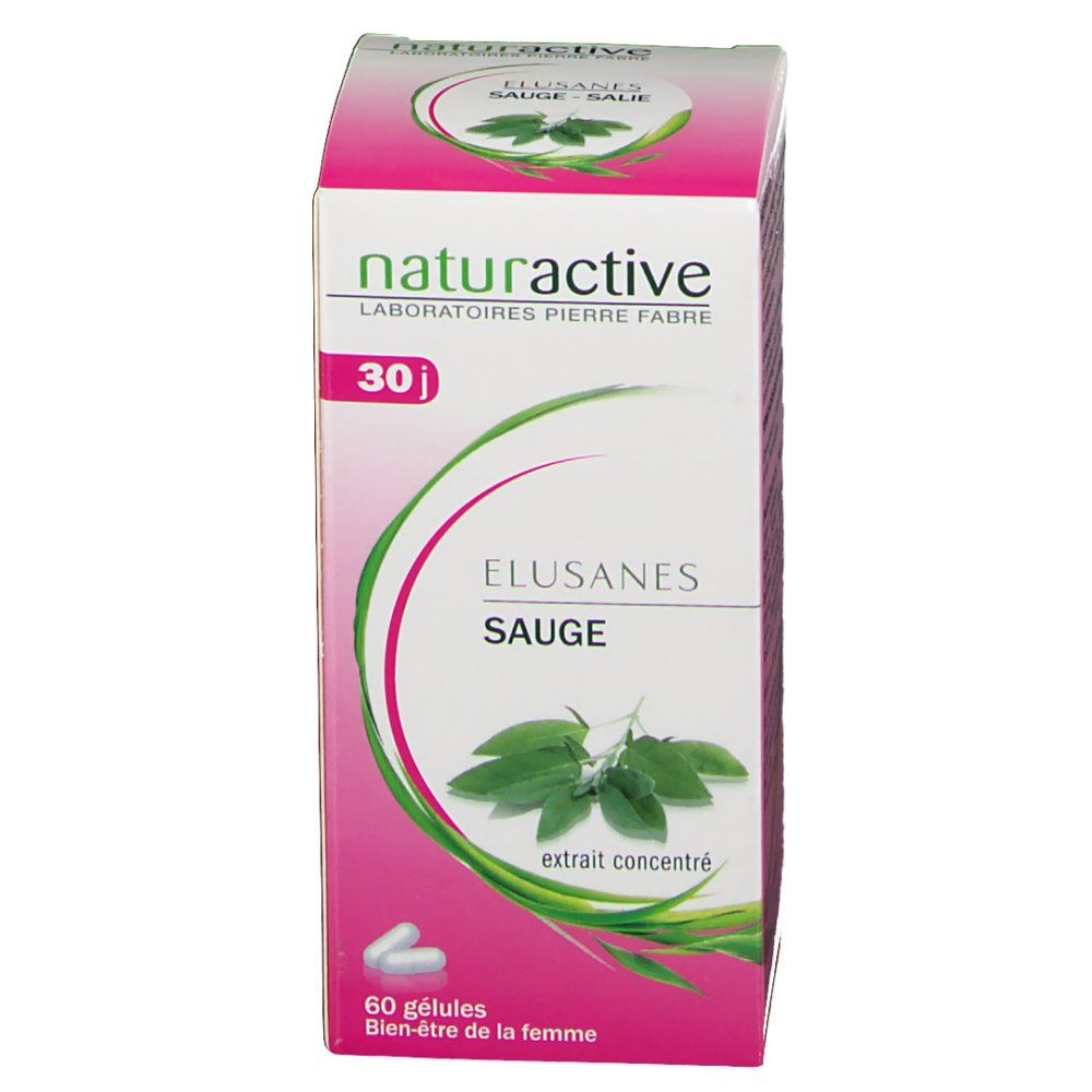 Boîte Elusanes Sauge. Carton blanc et rose, logo, nom du produit, 60 gélules. Inscription: 30 j, Bien-être de la femme.