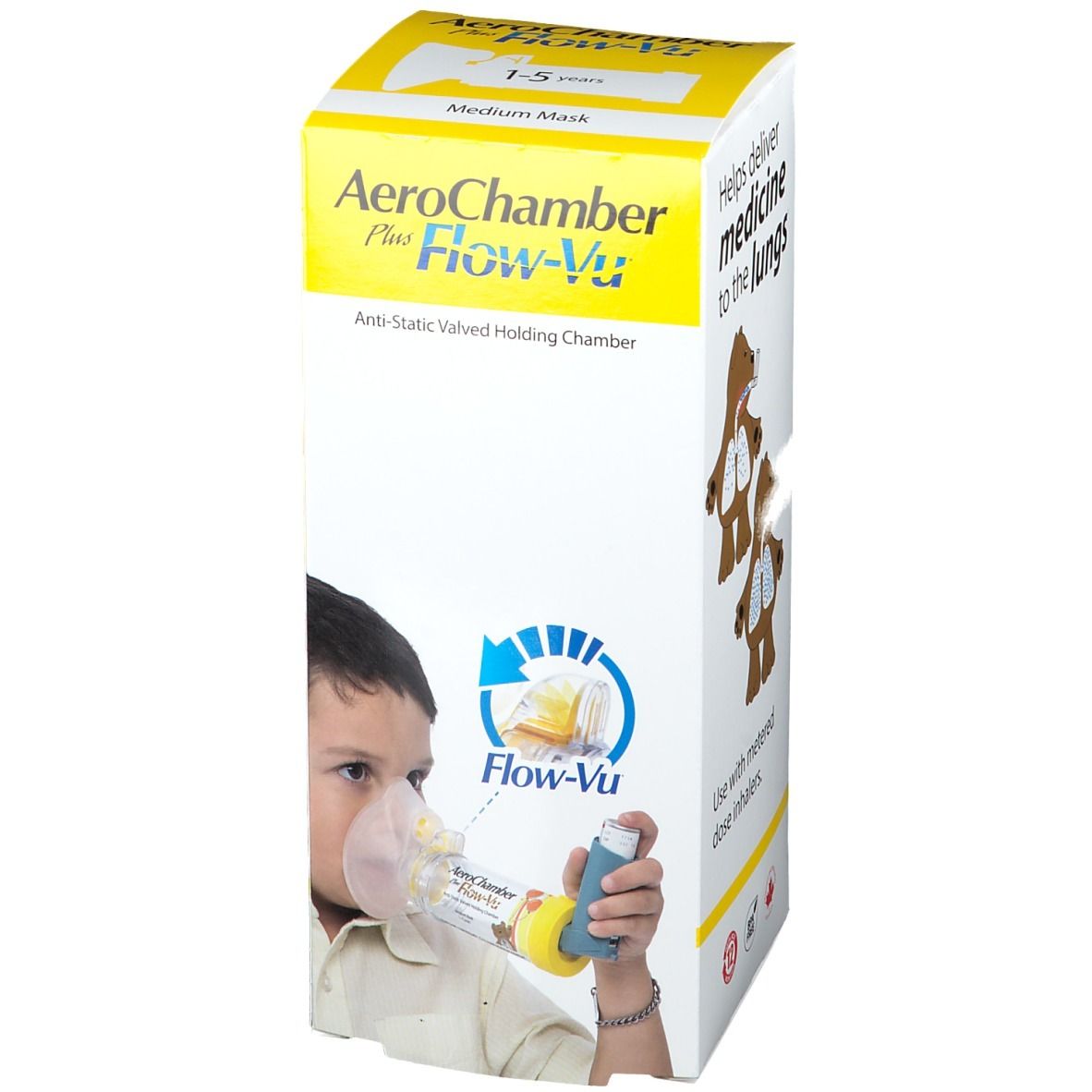 Boîte AeroChamber Plus Flow-Vu. Enfant avec masque et inhalateur. Texte: Aide à administrer le médicament aux poumons.
