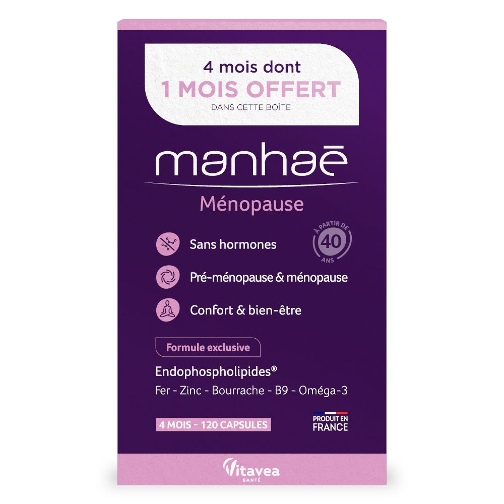 Boîte violette avec texte blanc. Contient 120 capsules. Produit de France. Contient endophospholipides, fer, zinc, bourrache, oméga-3.