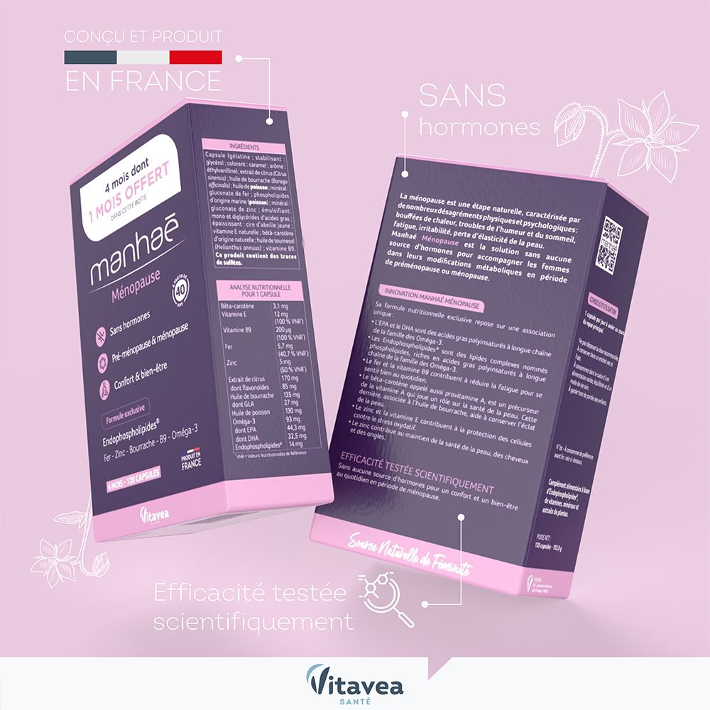 Emballage du produit, vues. Fabriqué en France. Sans hormones. Contient des informations sur les ingrédients et l'utilisation.
