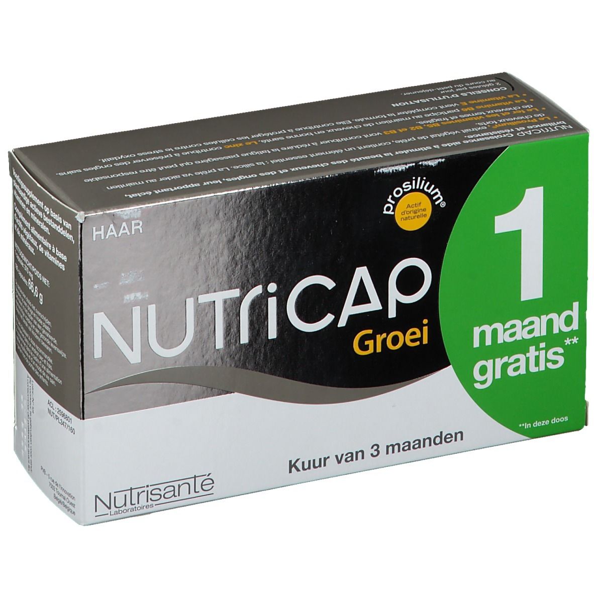 Doos voedingssupplementen. Opschrift: NUTRICAP, Groei, 1 maand gratis. Kuur van 3 maanden.