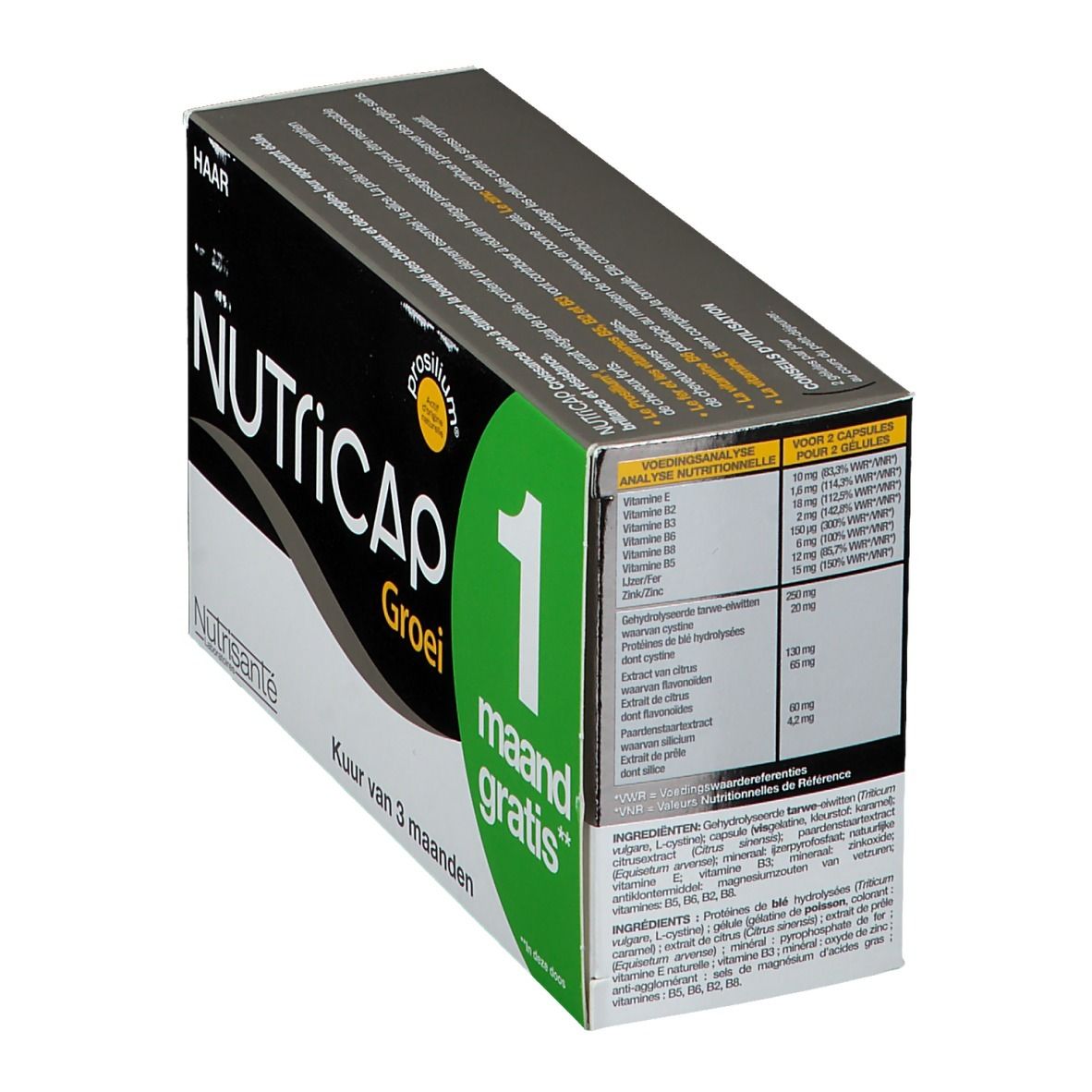 Doos voedingssupplementen. Opschrift: NUTRICAP, Groei, 1 maand gratis. Bevat voedingswaarde en ingrediënten.