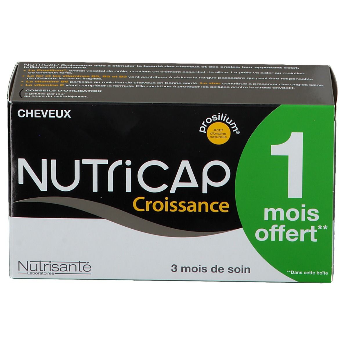 Doos voedingssupplementen. Opschrift: NUTRICAP, Croissance, 1 mois offert. Kuur van 3 maanden.