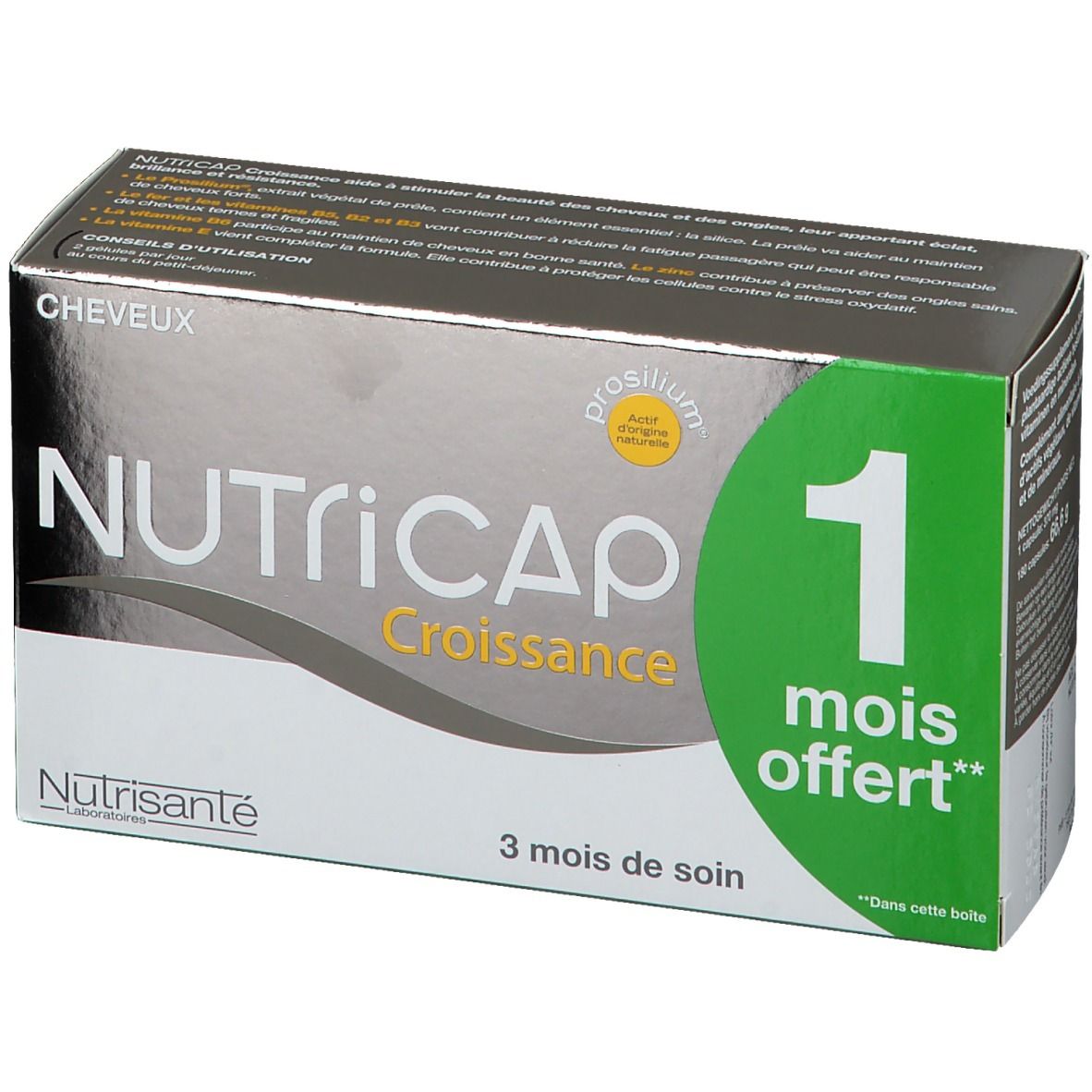 Doos voedingssupplementen. Opschrift: NUTRICAP, Croissance, 1 mois offert. Kuur van 3 maanden.