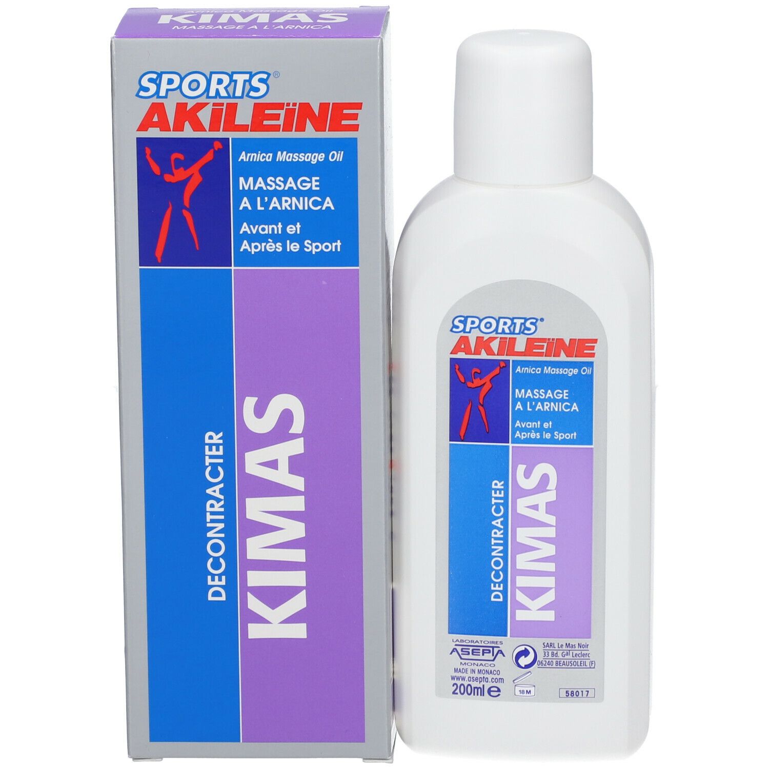 Flacon et boîte. Sur le flacon: SPORTS AKILEINE, KIMAS. Sur la boîte: SPORTS AKILEINE, KIMAS.