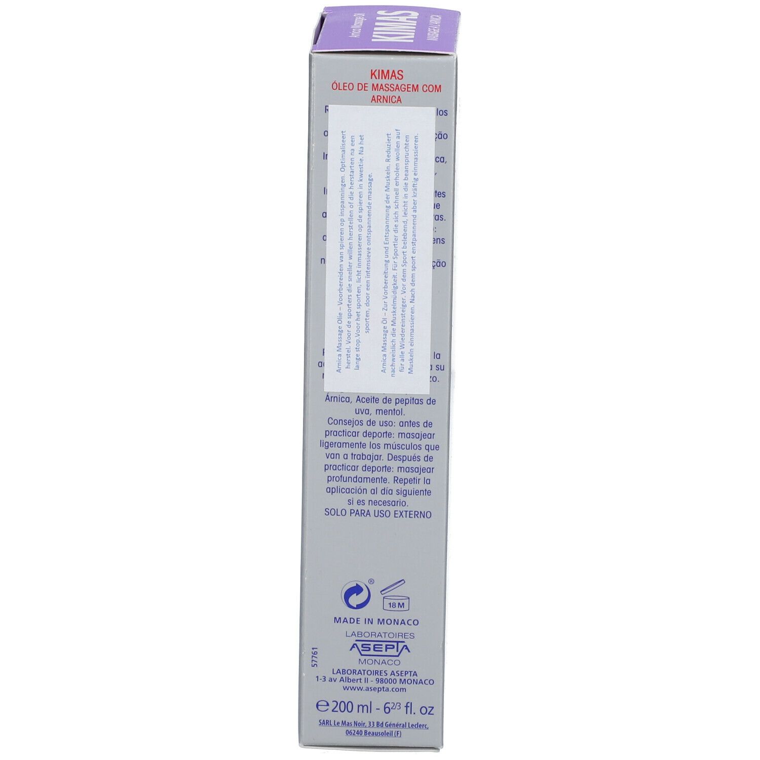 Boîte, vue latérale. Texte: KIMAS, huile de massage à l'arnica, ingrédients, informations fabricant.