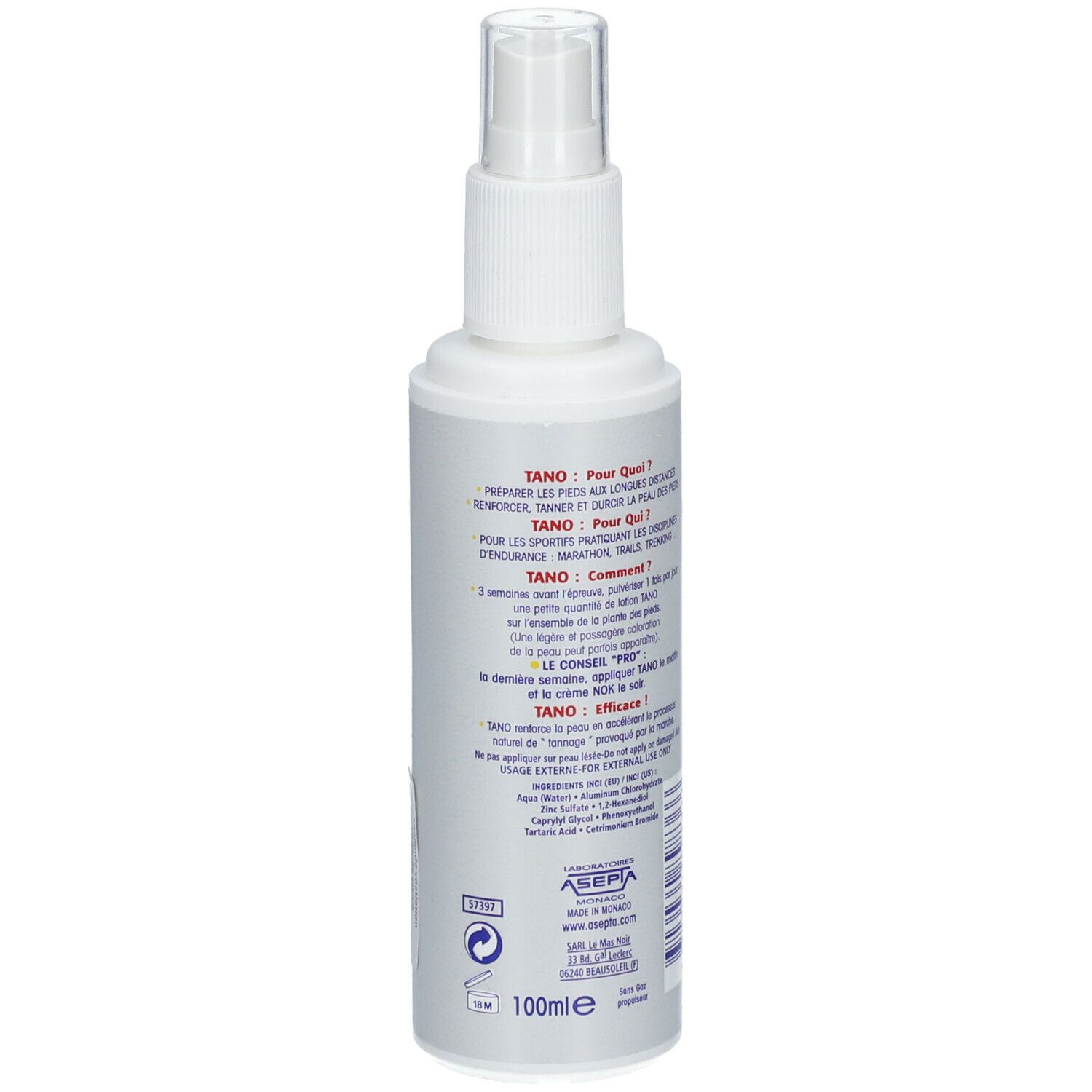 Weiße Sprühflasche mit Text auf der Rückseite. Enthält Informationen über das Produkt und die Inhaltsstoffe.