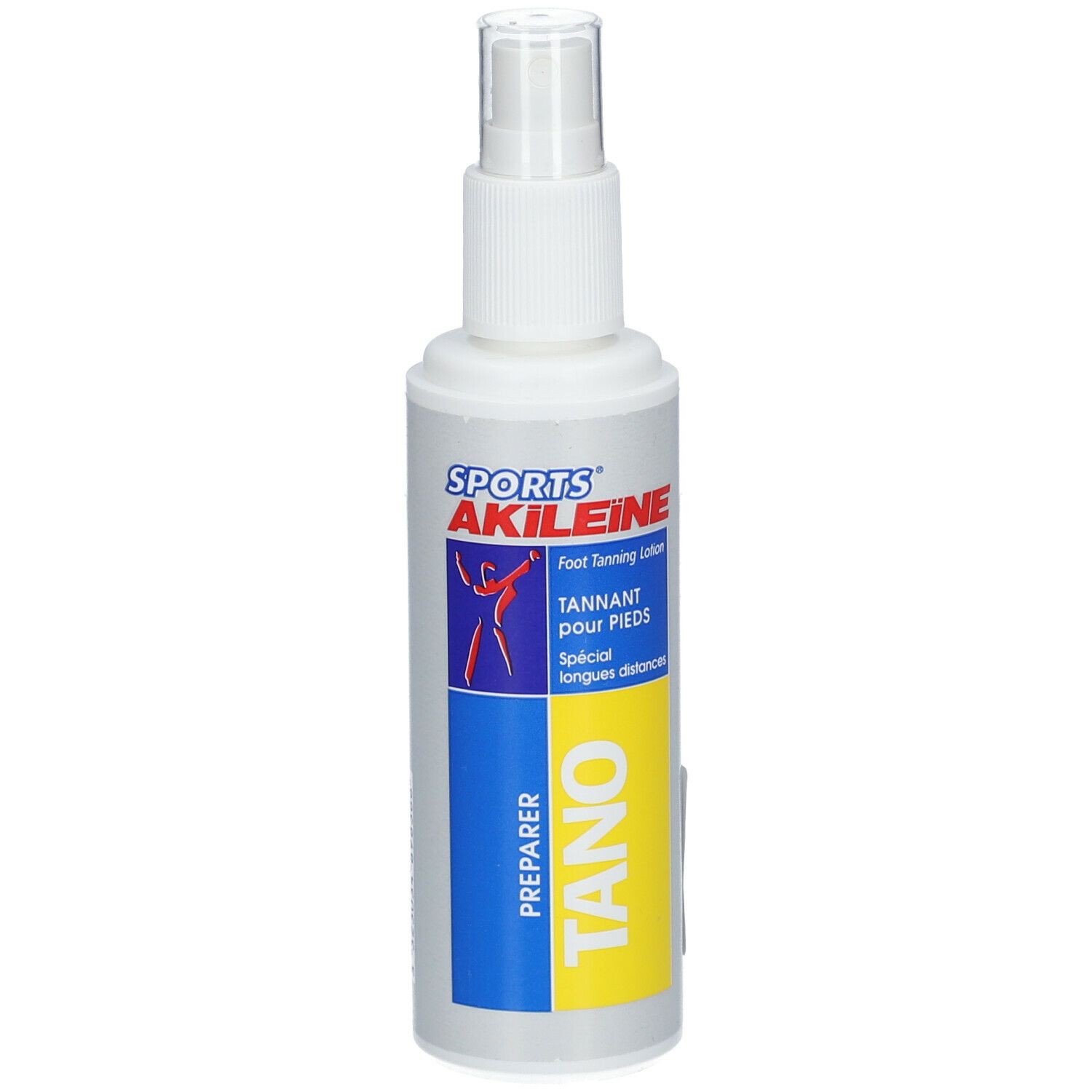 Weiße Sprühflasche mit blauen und gelben Akzenten. Aufschrift: SPORTS AKILEINE, TANO, Foot Tanning Lotion.