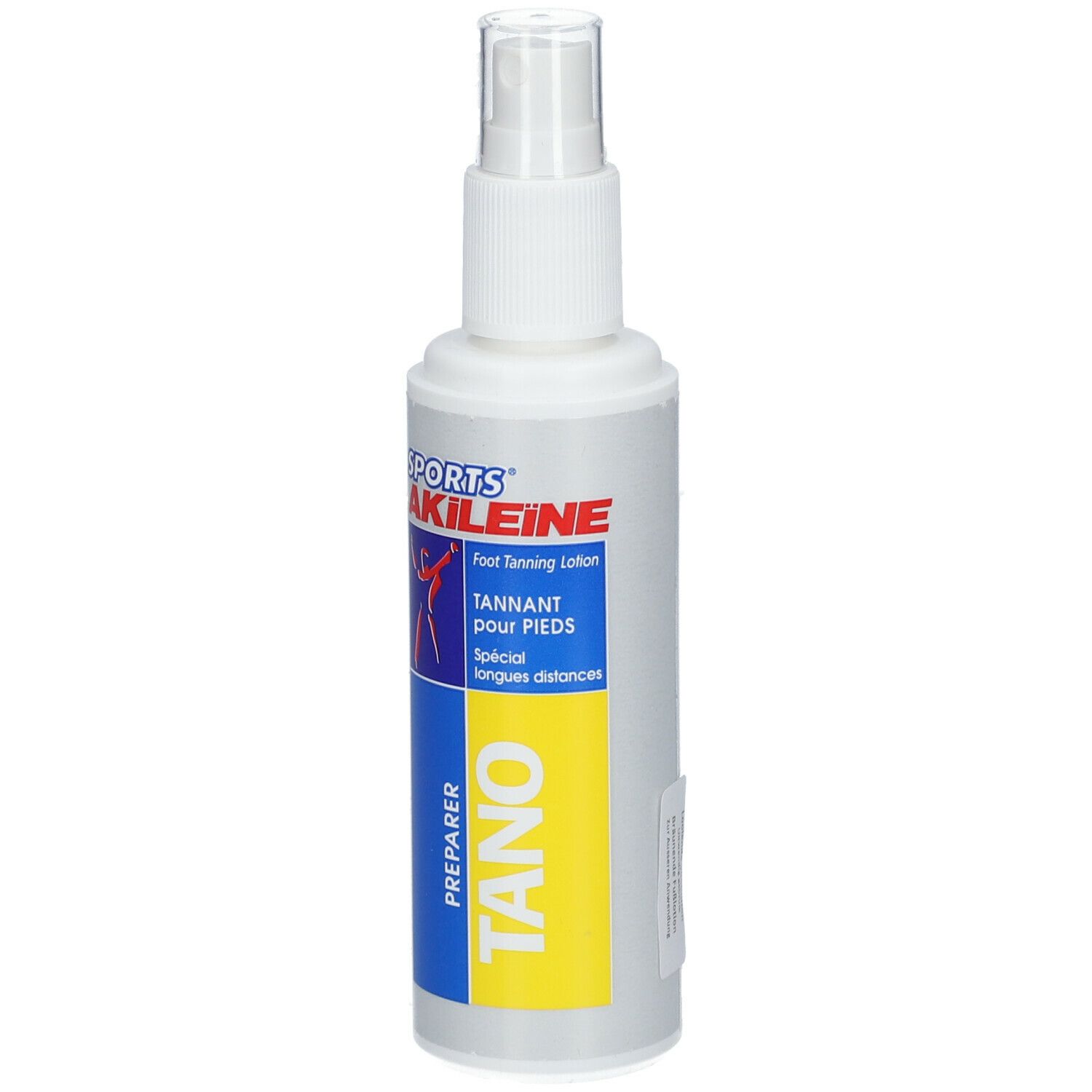 Weiße Sprühflasche mit blauen und gelben Akzenten. Aufschrift: SPORTS AKILEINE, TANO, Foot Tanning Lotion.