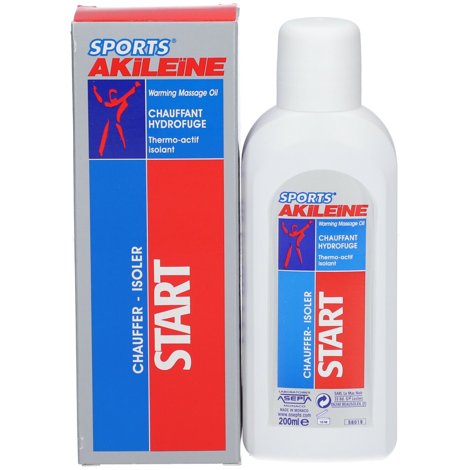 Produktflasche und Verpackung nebeneinander. Verpackung: blau-rot, Text: SPORTS AKILEINE, START, CHAUFFANT-ISOLER.
