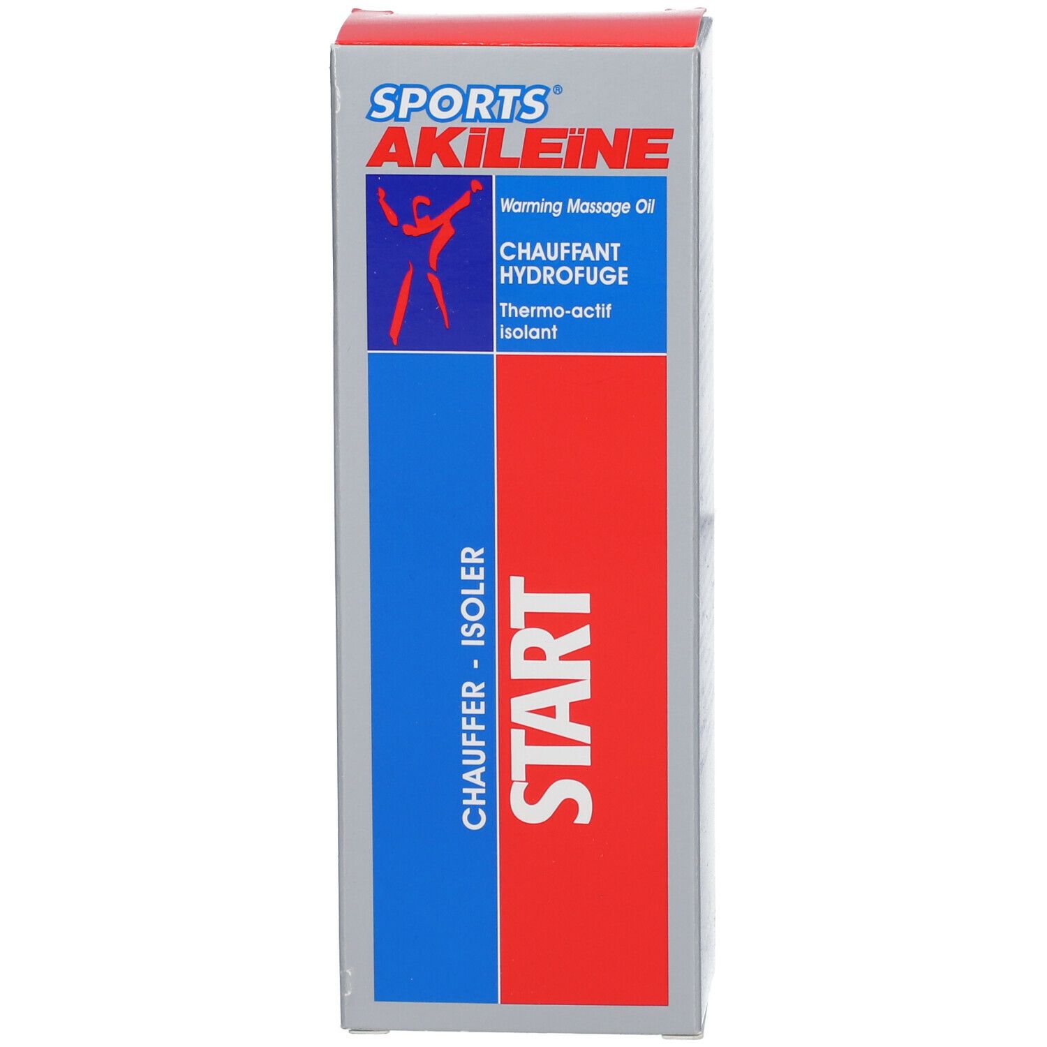 Blaue und rote Verpackung. Text: SPORTS AKILEINE, START, CHAUFFANT-ISOLER, Warming Massage Oil.