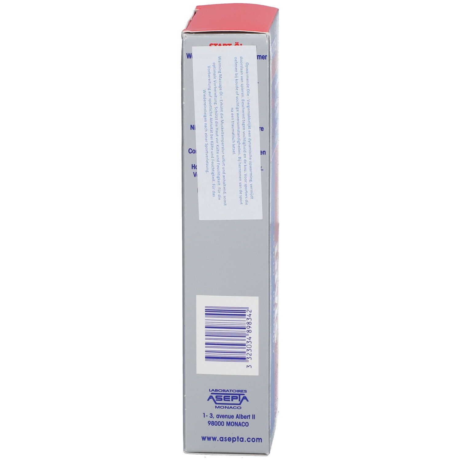 Verpackung, Rückseite. Text und Barcode. Herstellerinformationen.