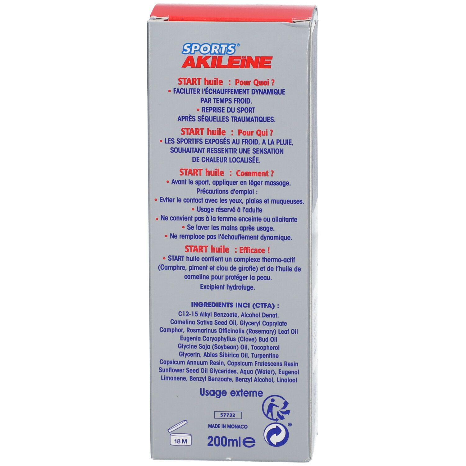 Verpackung, Seite mit Text. Text: START huile, Inhaltsstoffe, Anwendungshinweise.