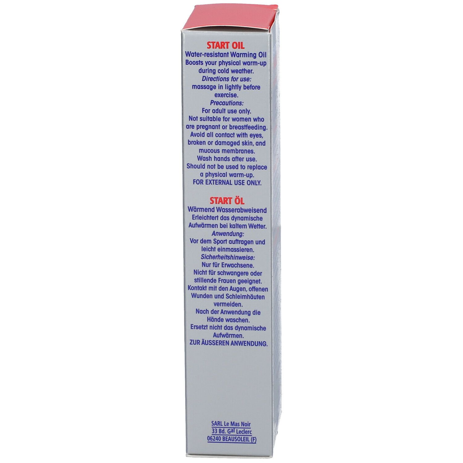 Verpackung, Seite mit Text. Text: START OIL, Anwendungshinweise, Inhaltsstoffe.