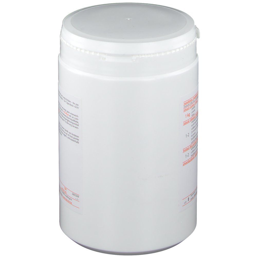 Récipient cylindrique blanc. Côté avec texte et informations. En bas : 1 kg.