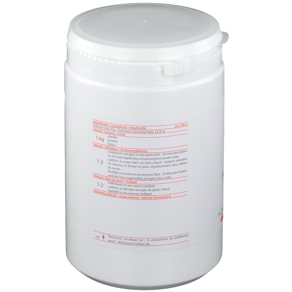 Récipient cylindrique blanc. Dos avec texte et informations. En bas : 1 kg.