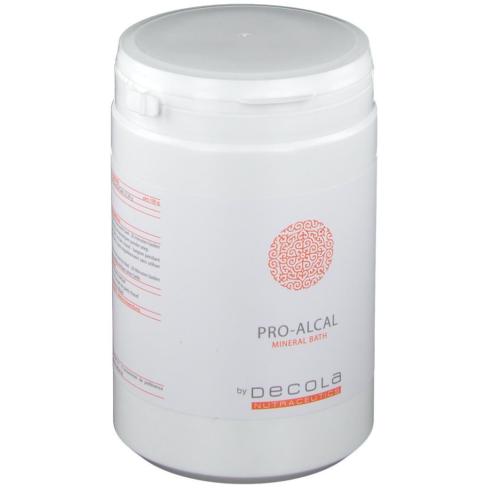 Récipient cylindrique blanc avec couvercle. Inscription : PRO-ALCAL Mineral Bath, by Decola, Nutraceutics. Motif orange.