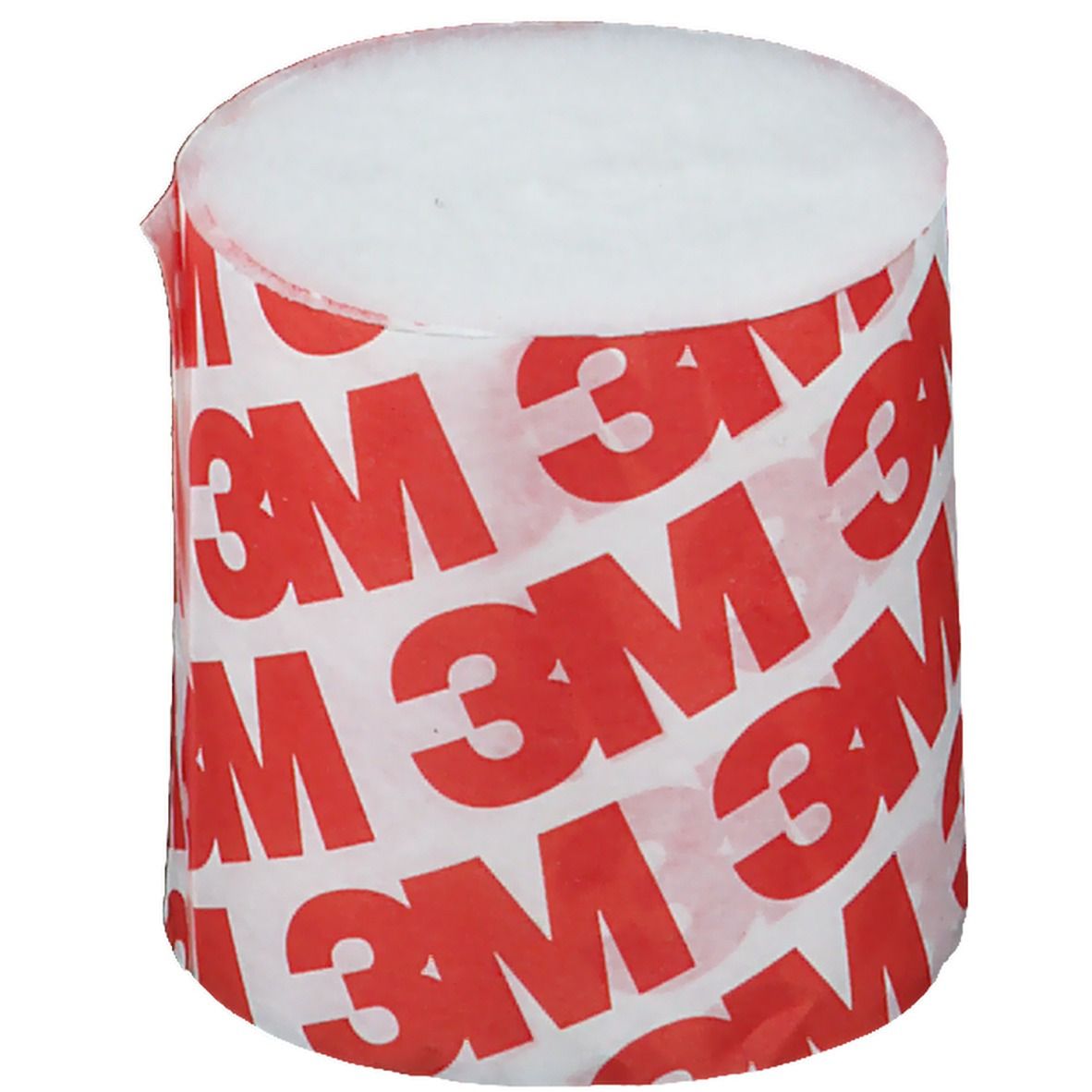 Rouleau de ouate synthétique. Emballage avec logo 3M rouge sur fond blanc. Forme cylindrique.
