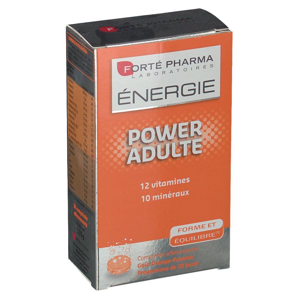 Boîte "Forté Pharma Energie Power Adulte". Face avant orange avec informations produit et logo.