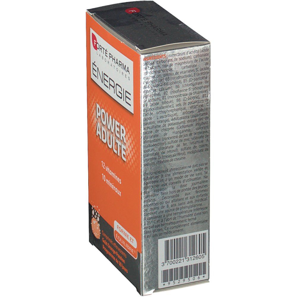 Vue latérale de l'emballage "Forté Pharma Energie Power Adulte". Informations produit textuelles sur fond argenté.