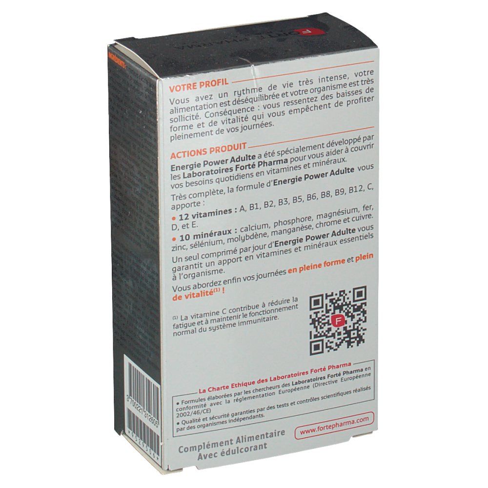 Dos de l'emballage "Forté Pharma Energie Power Adulte". Informations produit textuelles et code QR.