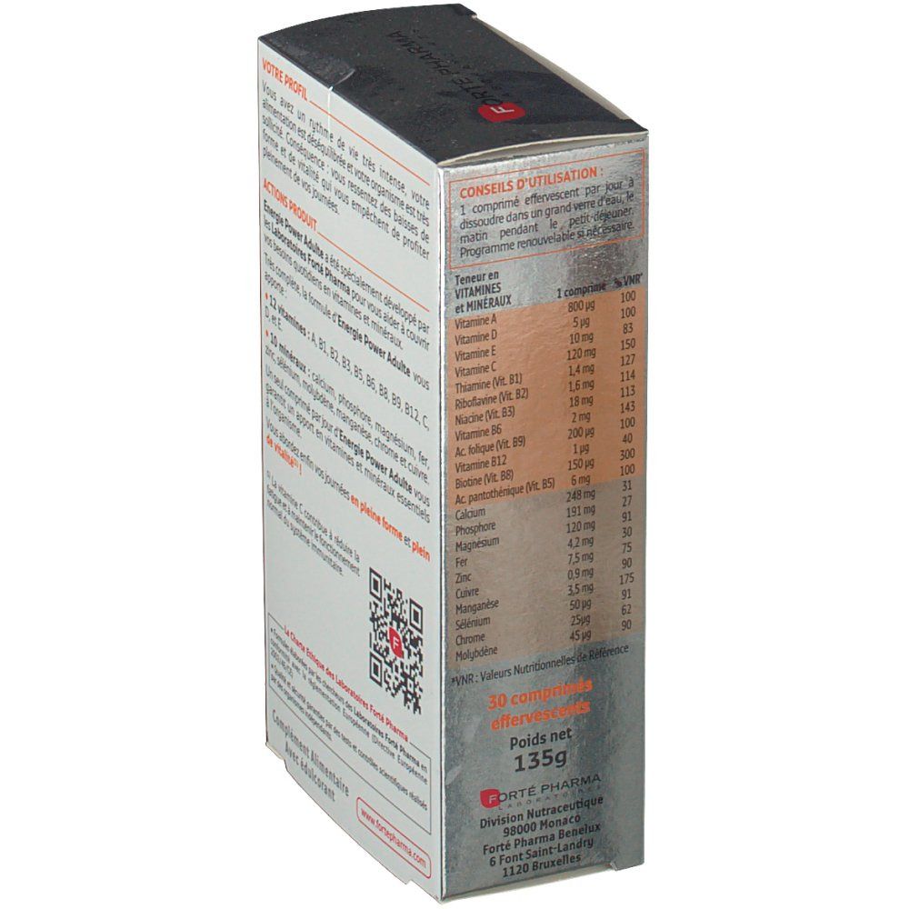 Dos de l'emballage "Forté Pharma Energie Power Adulte". Informations produit, QR code et tableau nutritionnel.