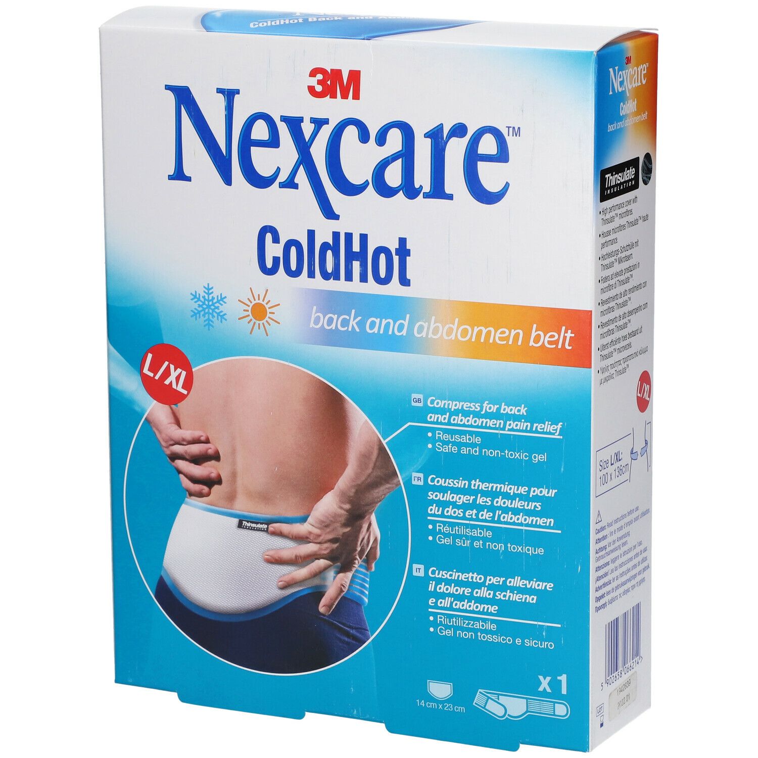 Boîte 3M Nexcare ColdHot ceinture dos et ventre. Taille L/XL. Illustration d'un homme avec la ceinture. Informations produit.