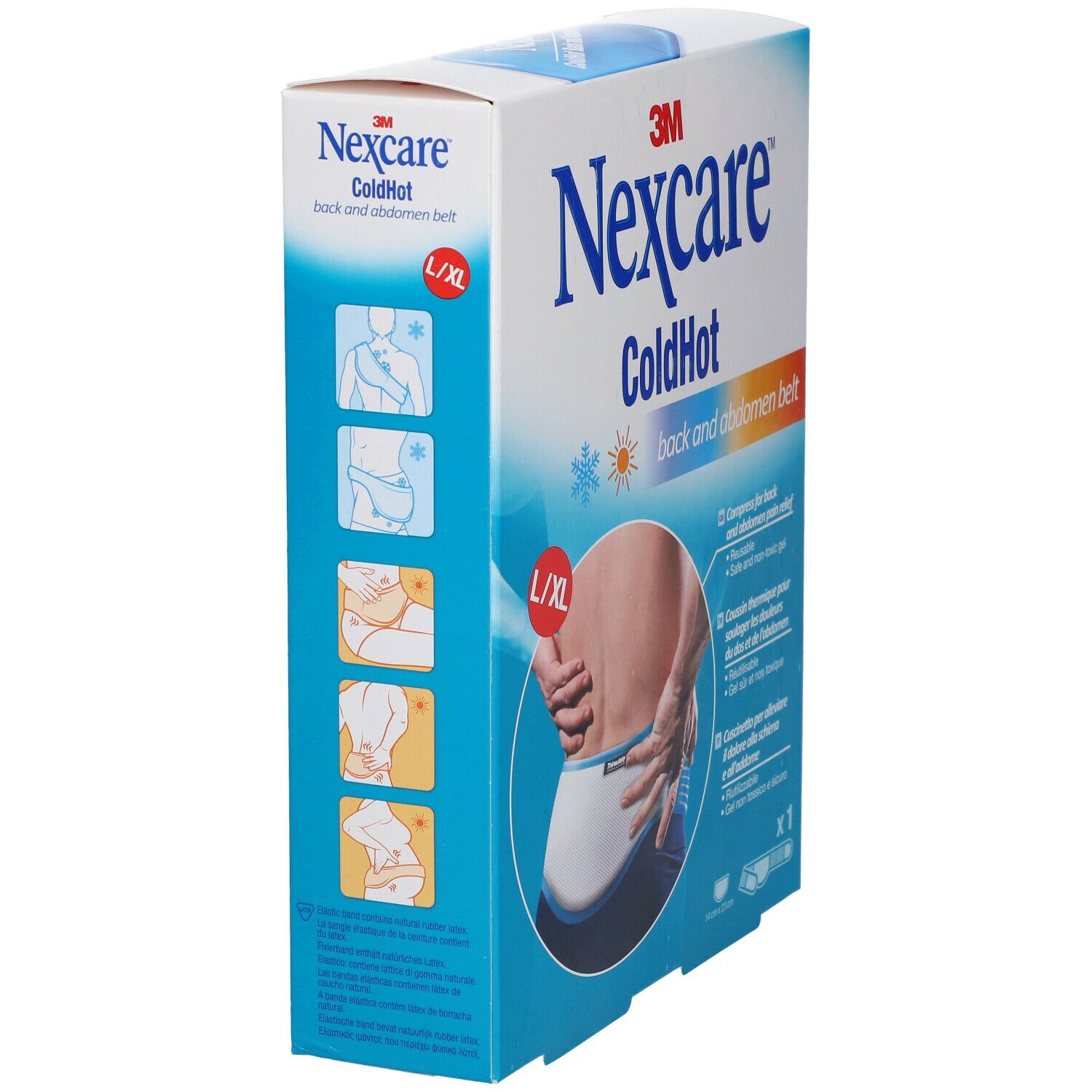 Boîte 3M Nexcare ColdHot ceinture dos et ventre. Taille L/XL. Illustrations d'utilisation. Informations produit.