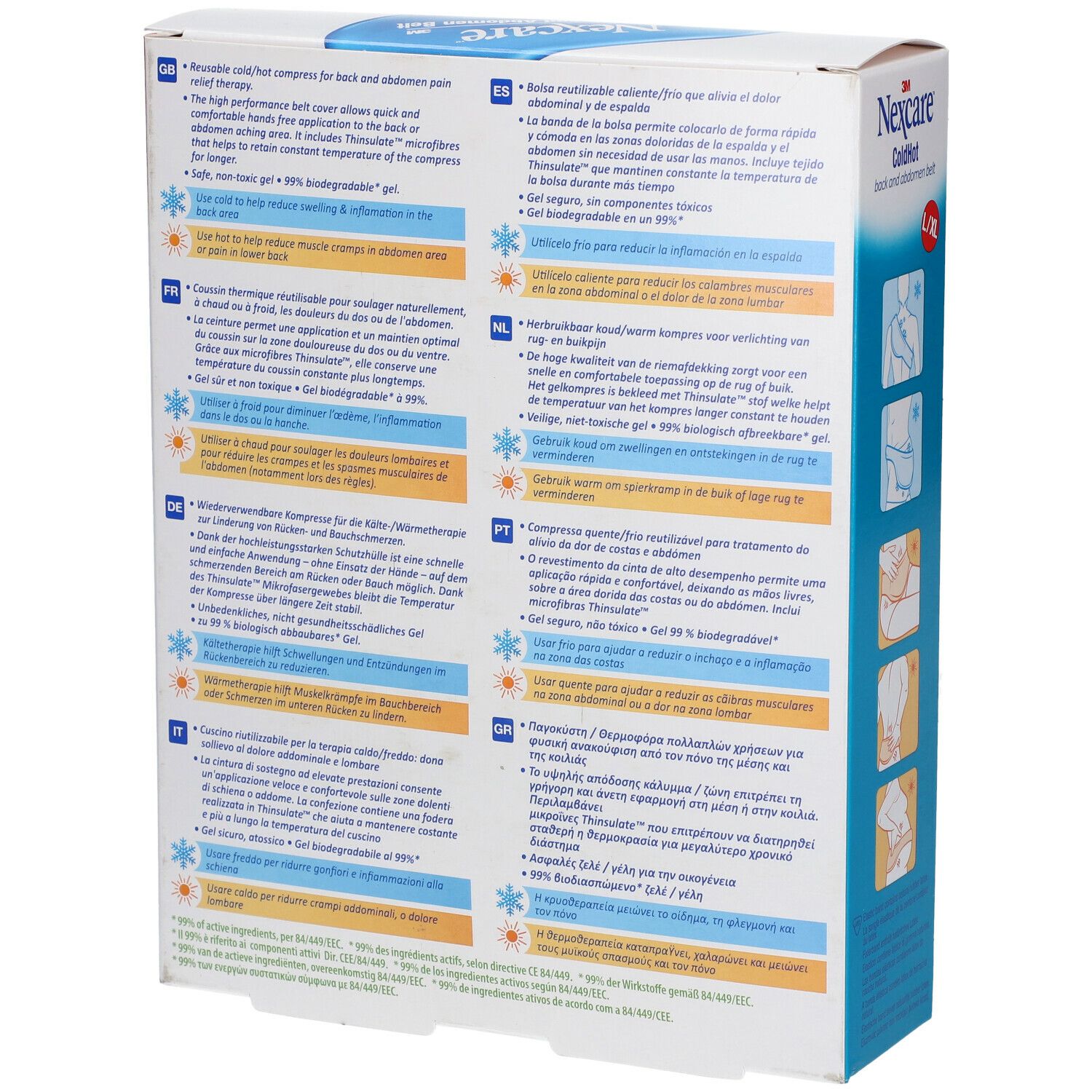 Dos de la boîte 3M Nexcare ColdHot ceinture dos et ventre. Informations produit en plusieurs langues.