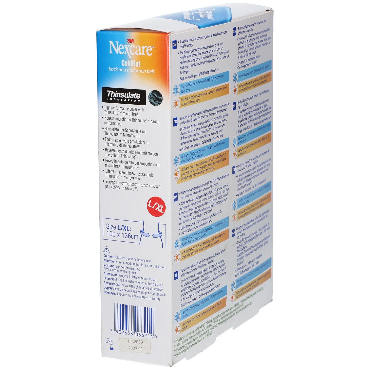 Boîte 3M Nexcare ColdHot ceinture dos et ventre. Taille L/XL. Informations produit. Dimensions 100x136cm.