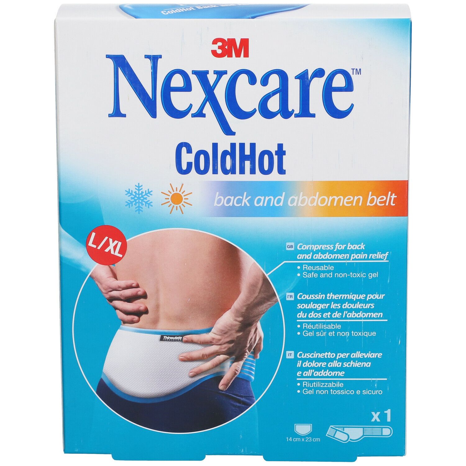 Boîte 3M Nexcare ColdHot ceinture dos et ventre. Taille L/XL. Illustration d'un homme avec la ceinture. Dimensions 14x25cm.