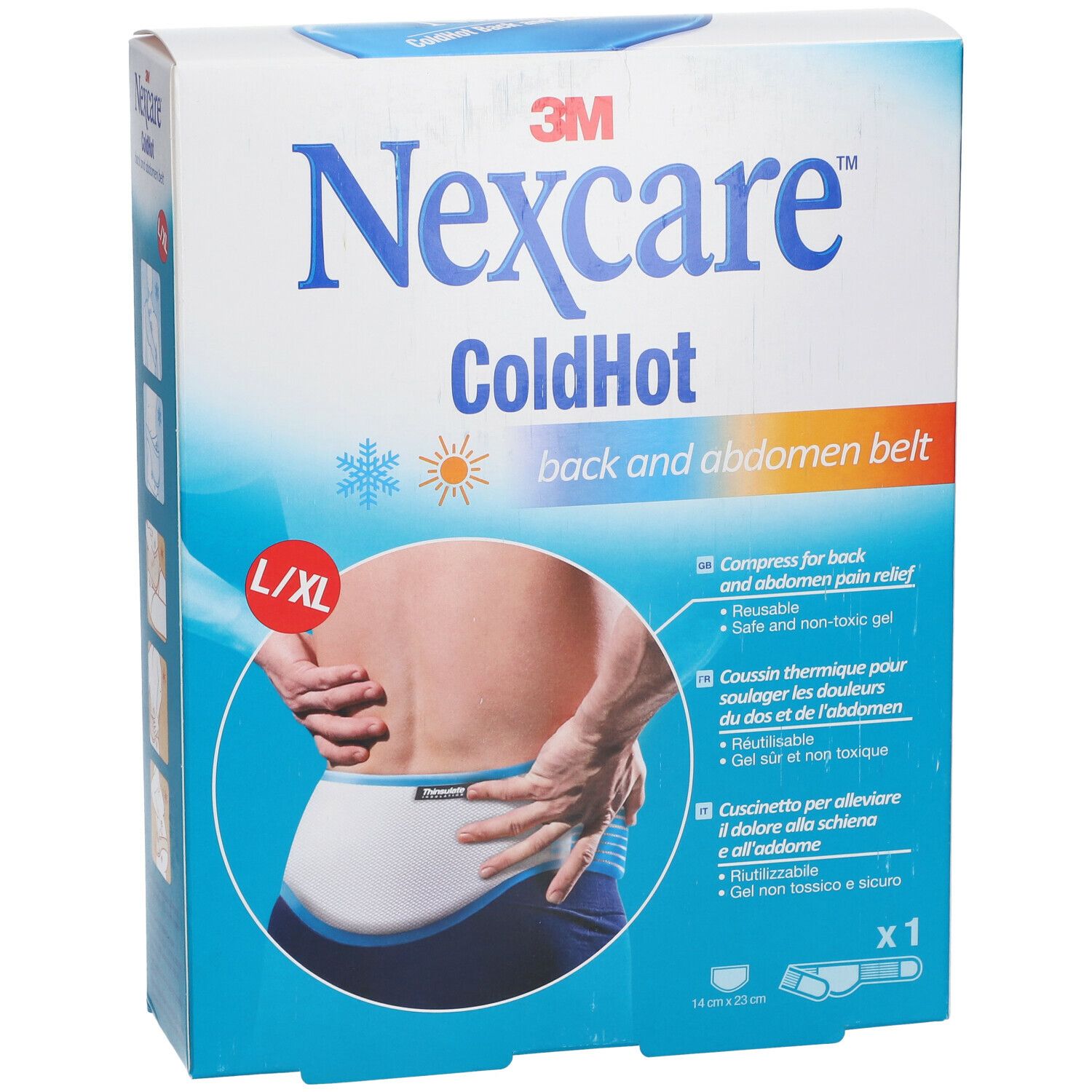 Boîte 3M Nexcare ColdHot ceinture dos et ventre. Taille L/XL. Illustration d'un homme avec la ceinture. Informations produit.