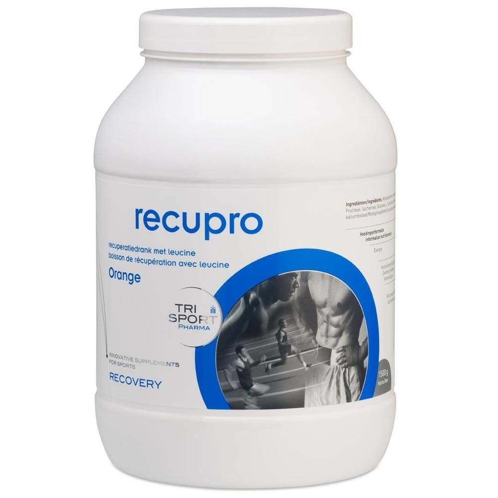 Witte container met recupro-opdruk. Sinaasappelsmaak. Blauwe accenten. TRI SPORT PHARMA logo. Voor sporters.