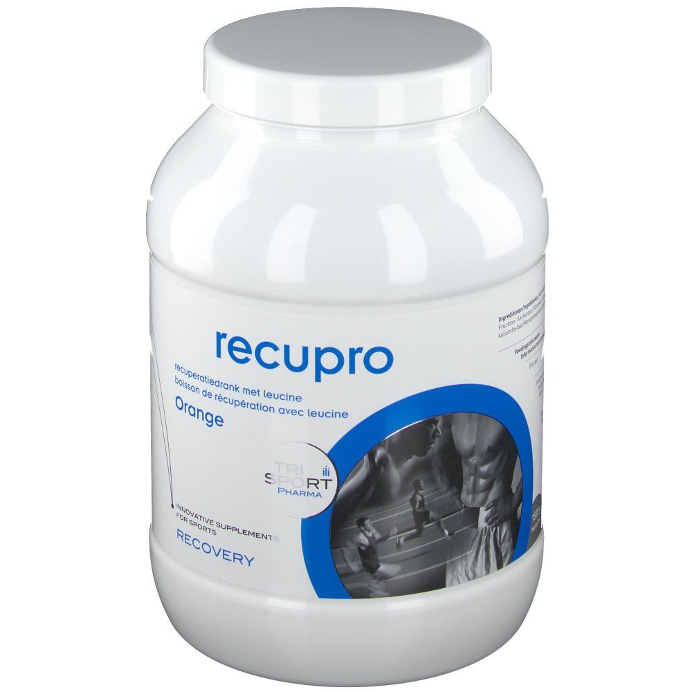 Witte container met recupro-opdruk. Sinaasappelsmaak. Blauwe accenten. TRI SPORT PHARMA logo. Voor sporters.