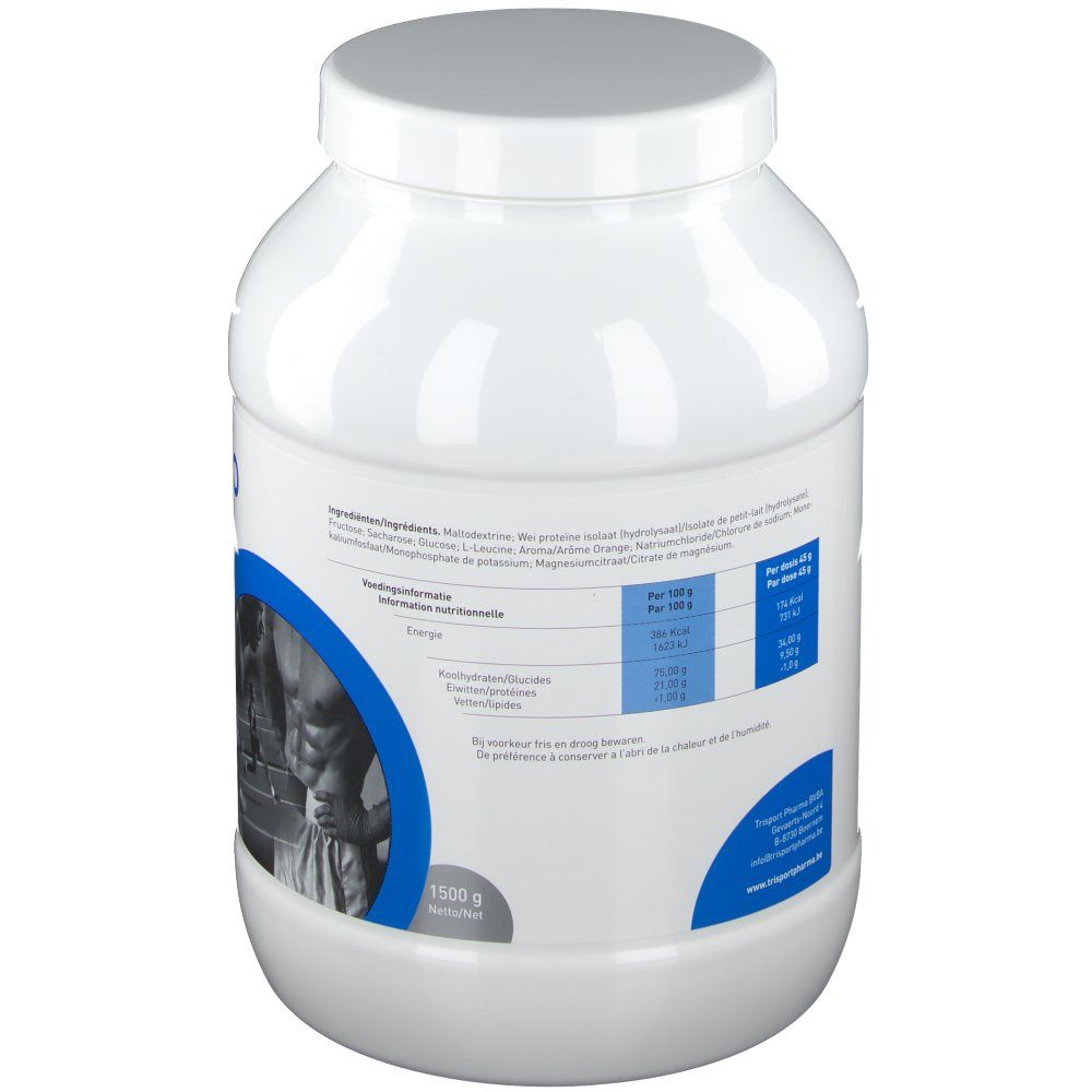 Achterkant van de witte container. Voedingswaarde. 1500 g. Blauwe accenten. Tekst in meerdere talen.