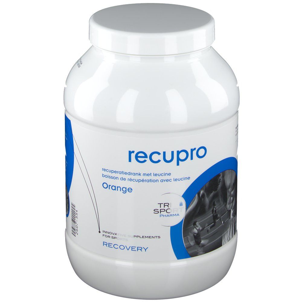 Witte container met recupro-opdruk. Sinaasappelsmaak. Blauwe accenten. TRI SPORT PHARMA logo. Voor sporters.