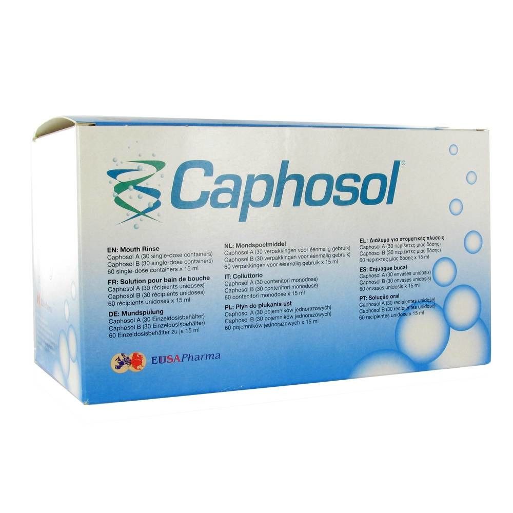 Karton mit Produktaufdruck Caphosol. Blaue und weiße Verpackung mit Produktnamen und Text in mehreren Sprachen.