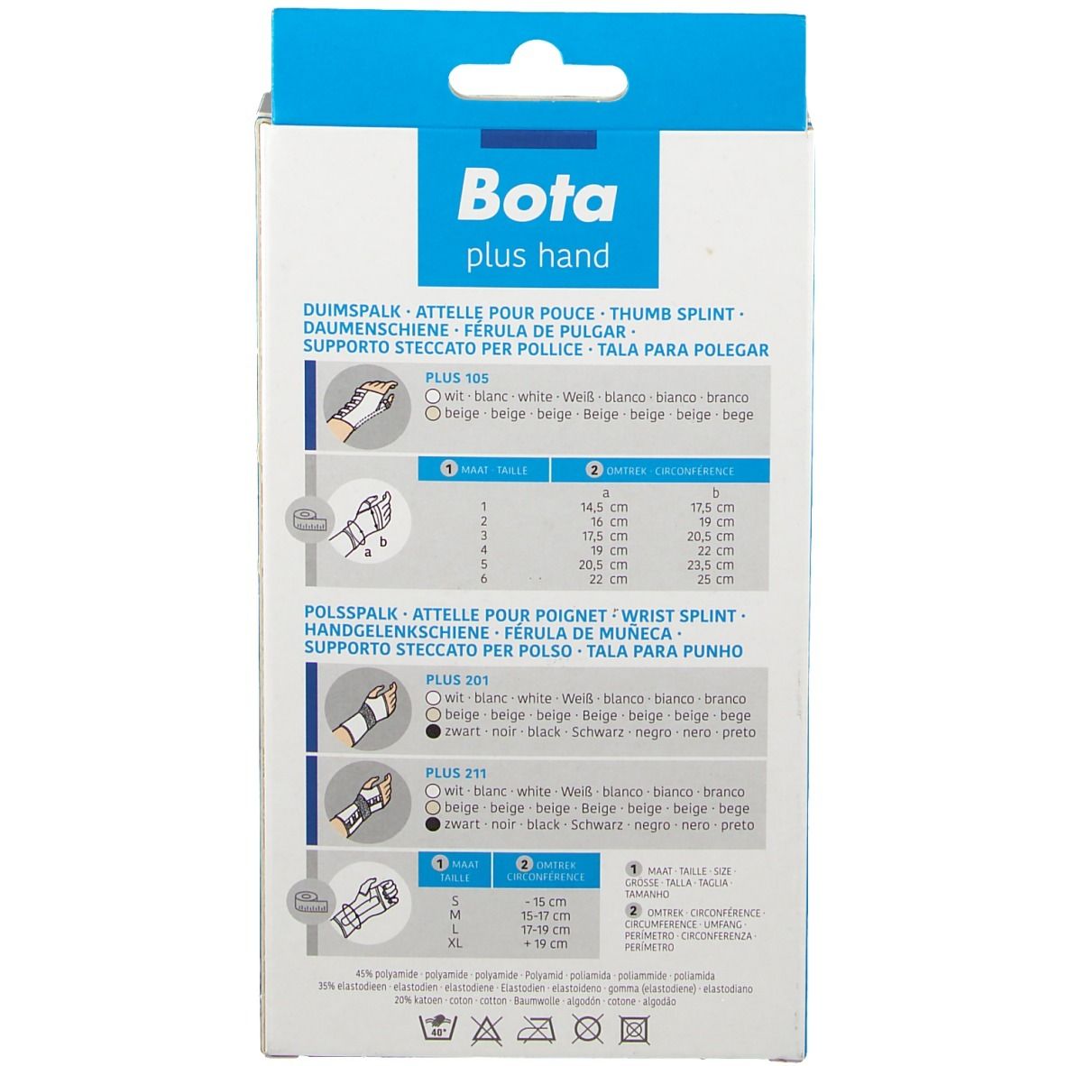 Rückseite der Verpackung der Bota Handgelenksorthese. Tabellen mit Größenangaben für verschiedene Modelle. Produktabbildungen.