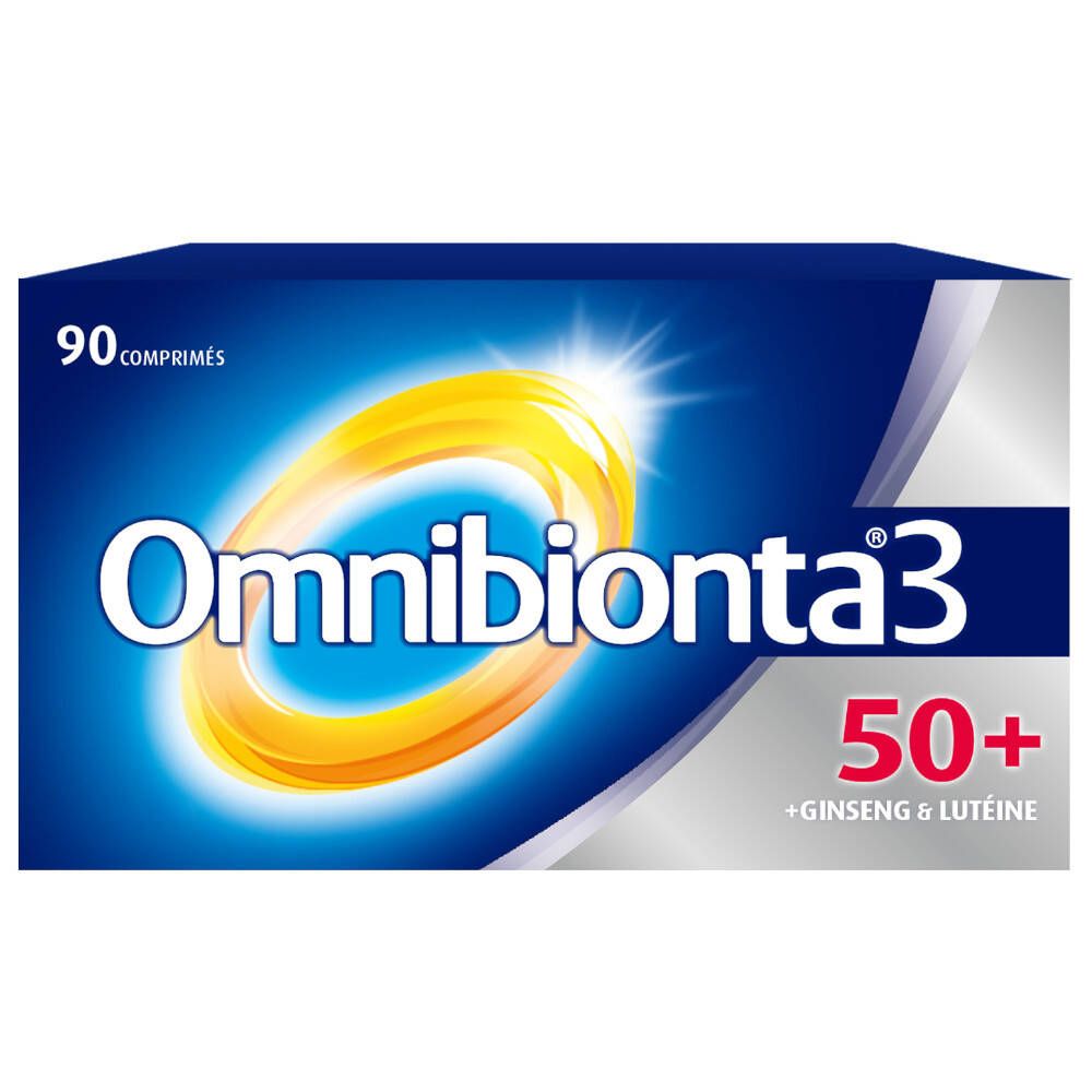 Blauwe en witte doos met Omnibionta® 3 50+. Bevat 90 tabletten. Met Ginseng & Luteïne.