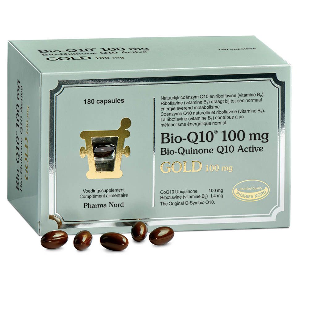 Doos met capsules. Opschrift: Bio-Q10 100 mg, Gold. 180 capsules. Bruine capsules ernaast.