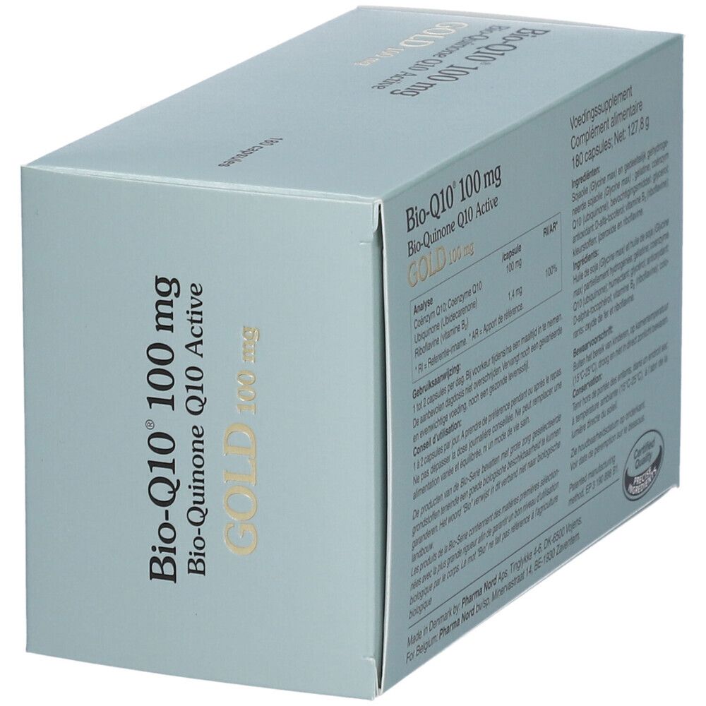 Doos met capsules. Opschrift: Bio-Q10 100 mg, Gold. 180 capsules. Bruine capsules ernaast.