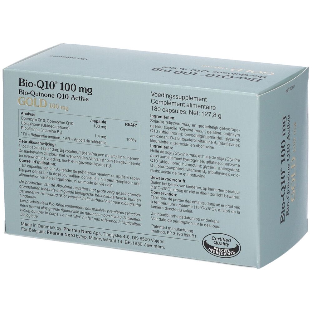 Doos met opschrift: Bio-Q10 100 mg, Gold. 180 capsules. Pharma Nord logo. Bovenaanzicht.