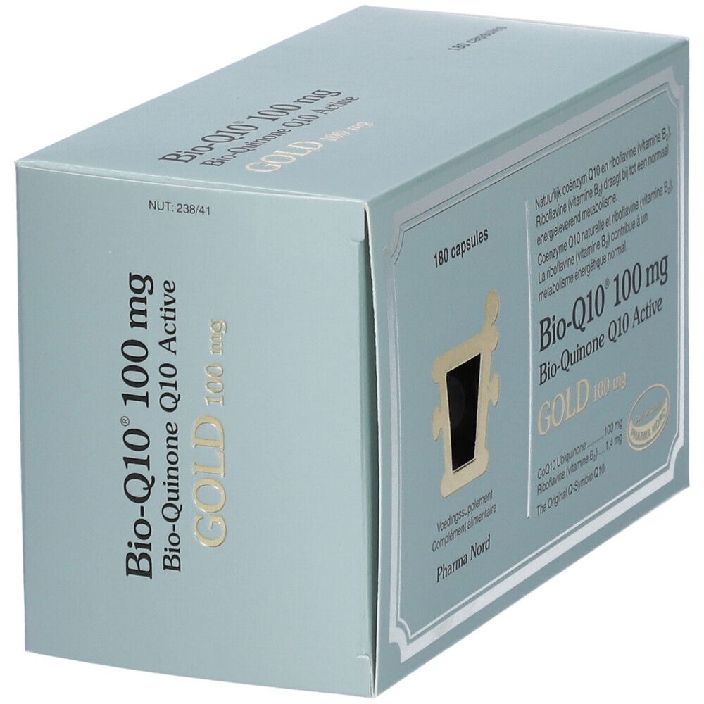 Doos met opschrift: Bio-Q10 100 mg, Gold. 180 capsules. Pharma Nord logo. Bovenaanzicht.